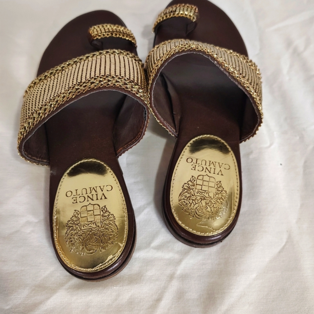 Vince Camuto Gold and Brown Slide Sandals
